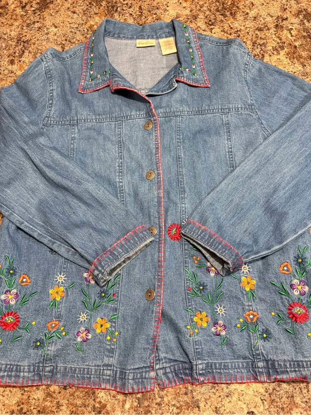 Bobbie Brooks Blue Denim Jacket with Multicolor Floral Embroidery